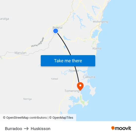 Burradoo to Huskisson map
