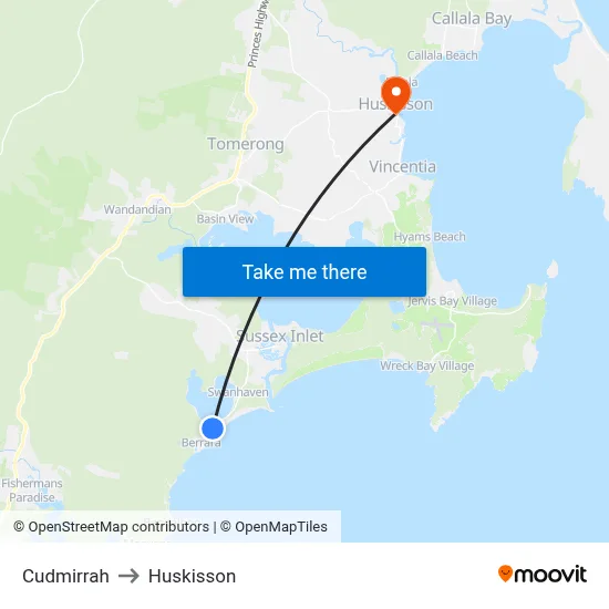 Cudmirrah to Huskisson map