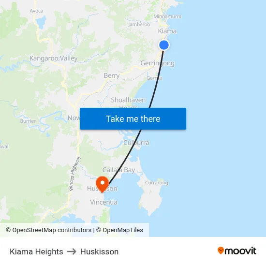 Kiama Heights to Huskisson map