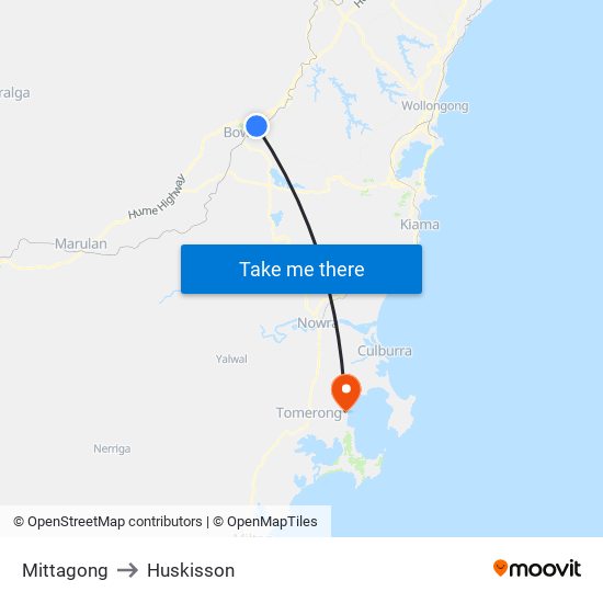 Mittagong to Huskisson map