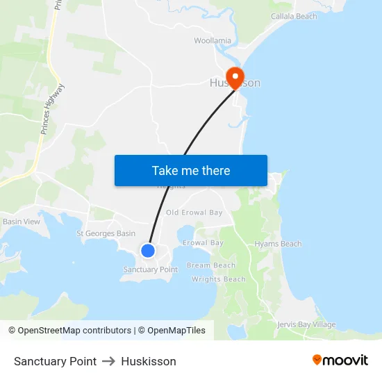 Sanctuary Point to Huskisson map