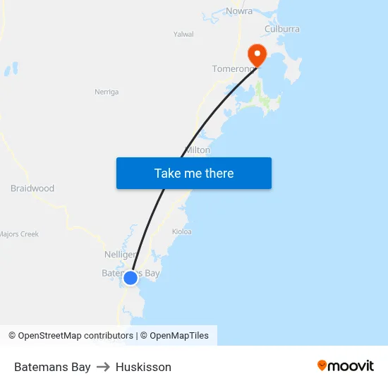 Batemans Bay to Huskisson map