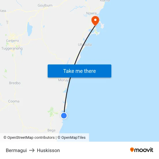 Bermagui to Huskisson map