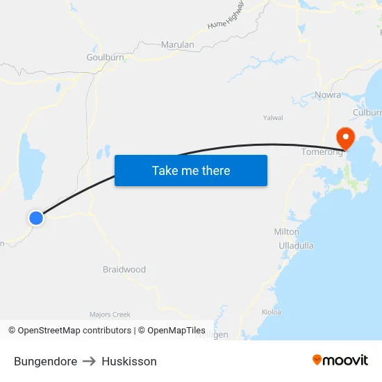 Bungendore to Huskisson map