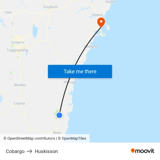 Cobargo to Huskisson map