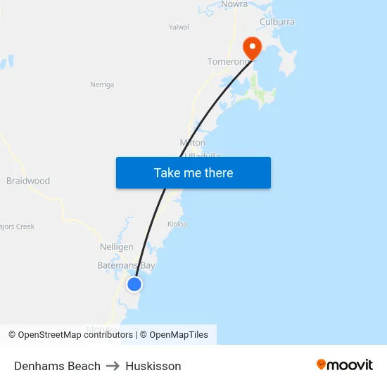Denhams Beach to Huskisson map