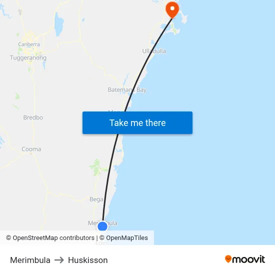 Merimbula to Huskisson map