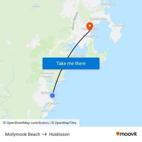 Mollymook Beach to Huskisson map
