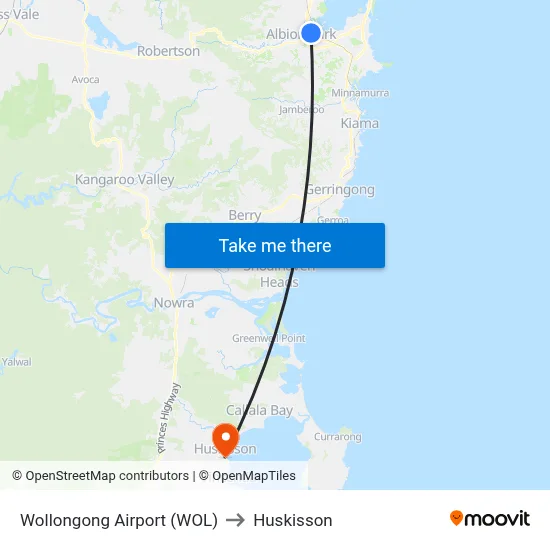 Wollongong Airport (WOL) to Huskisson map