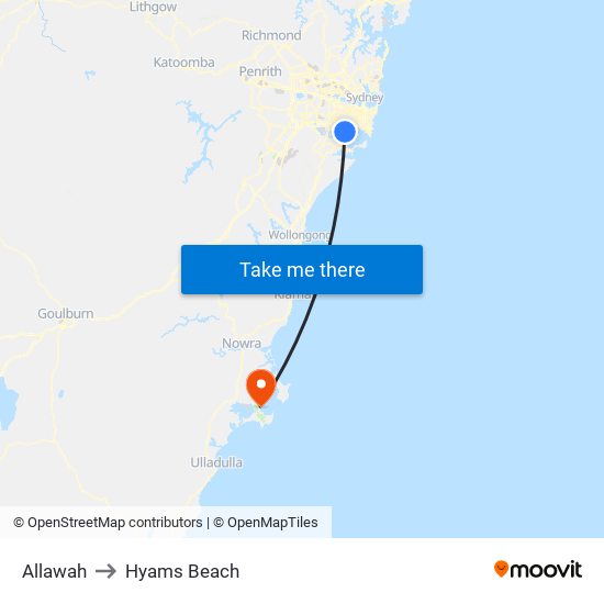 Allawah to Hyams Beach map