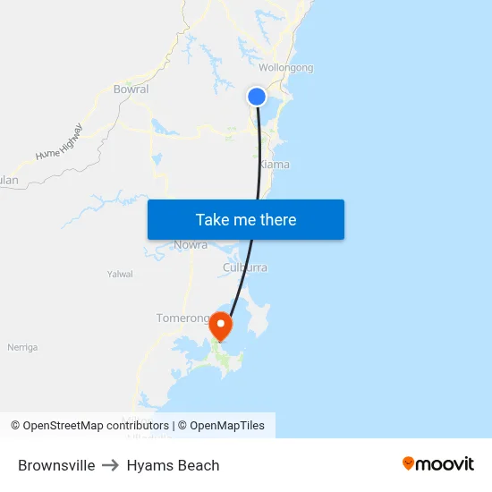 Brownsville to Hyams Beach map