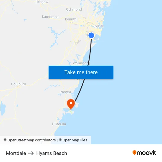 Mortdale to Hyams Beach map