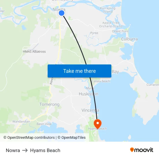 Nowra to Hyams Beach map