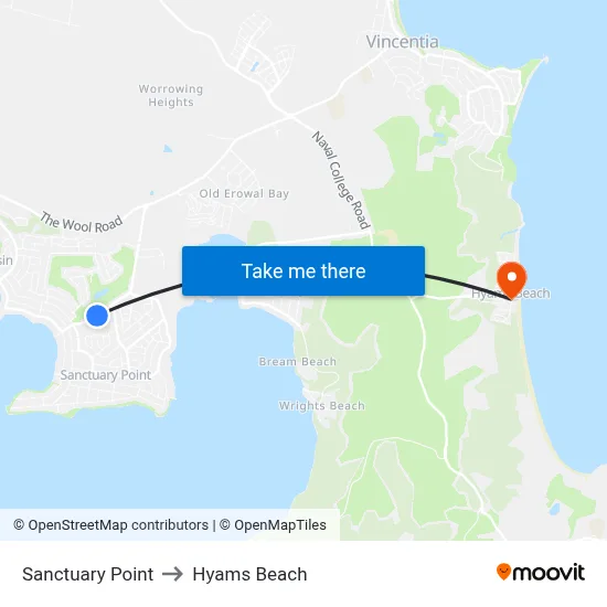 Sanctuary Point to Hyams Beach map