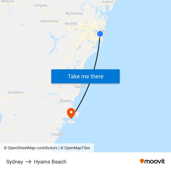 Sydney to Hyams Beach map