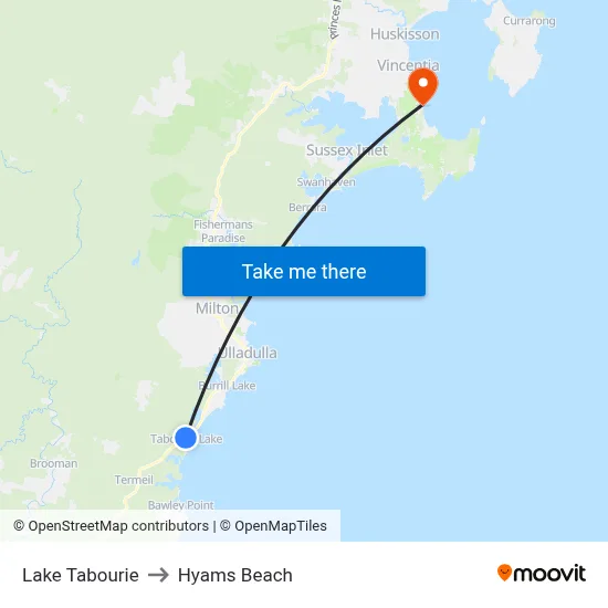 Lake Tabourie to Hyams Beach map