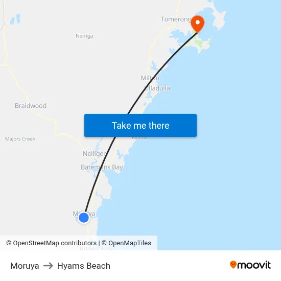 Moruya to Hyams Beach map