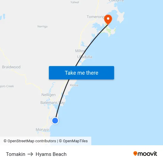 Tomakin to Hyams Beach map