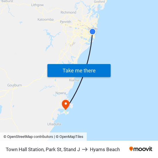 Town Hall Station, Park St, Stand J to Hyams Beach map