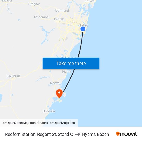 Redfern Station, Regent St, Stand C to Hyams Beach map