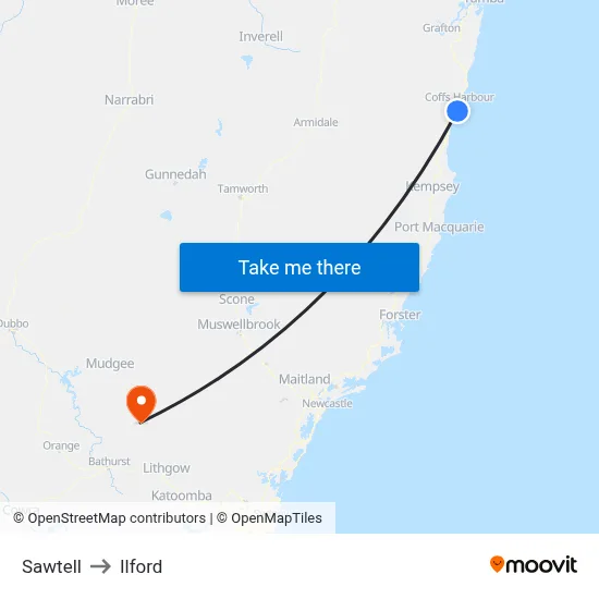 Sawtell to Ilford map