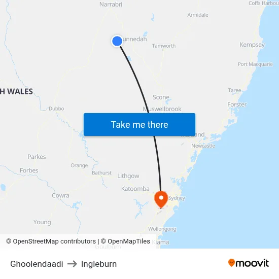 Ghoolendaadi to Ingleburn map