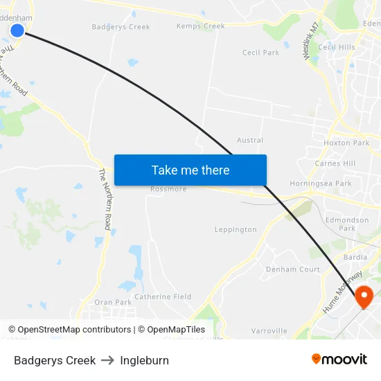 Badgerys Creek to Ingleburn map
