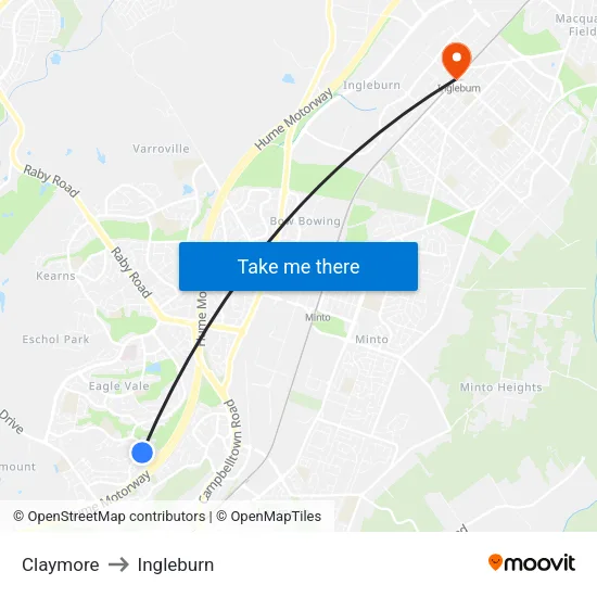 Claymore to Ingleburn map