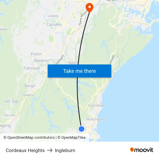 Cordeaux Heights to Ingleburn map