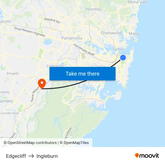 Edgecliff to Ingleburn map