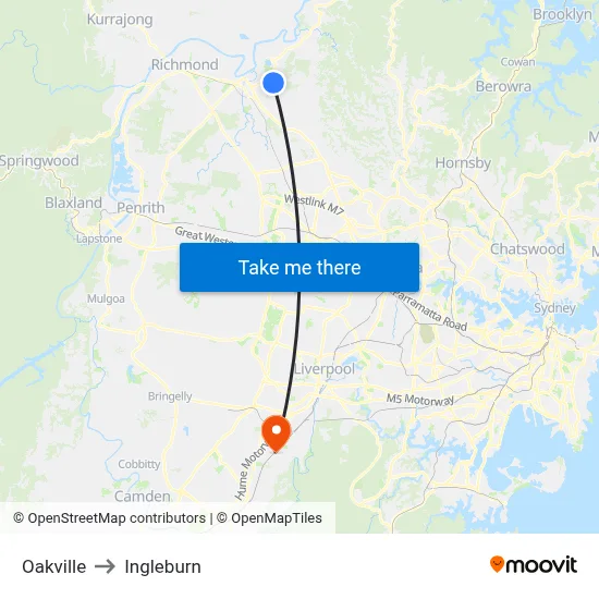 Oakville to Ingleburn map