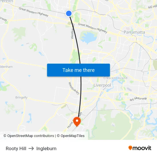 Rooty Hill to Ingleburn map