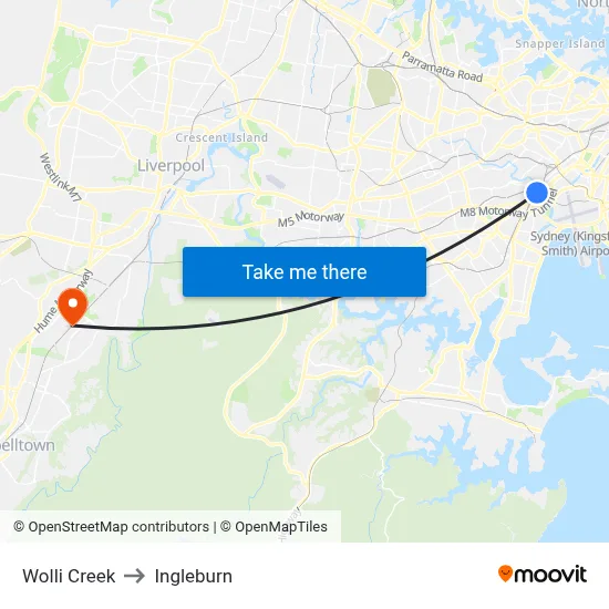 Wolli Creek to Ingleburn map