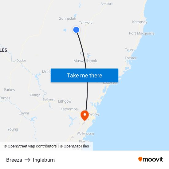 Breeza to Ingleburn map