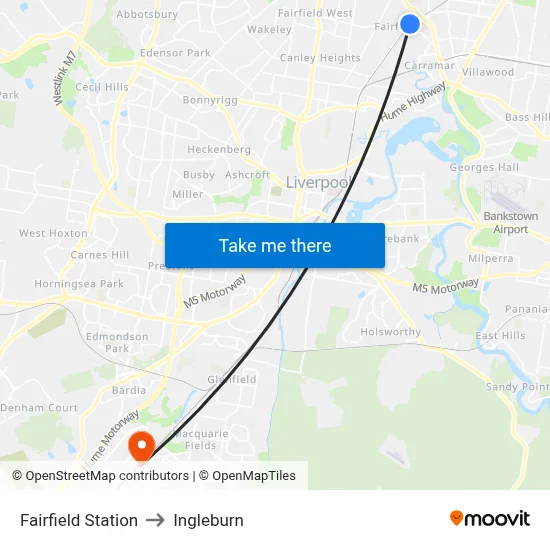 Fairfield Station to Ingleburn map