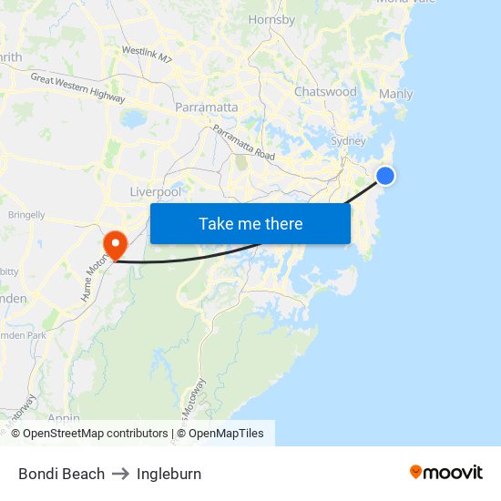 Bondi Beach to Ingleburn map