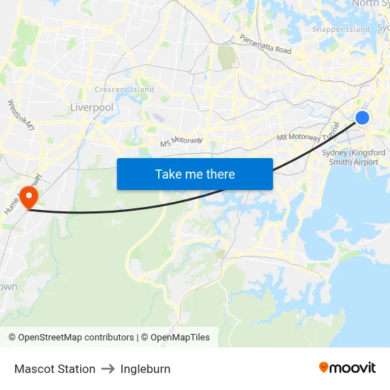 Mascot Station to Ingleburn map