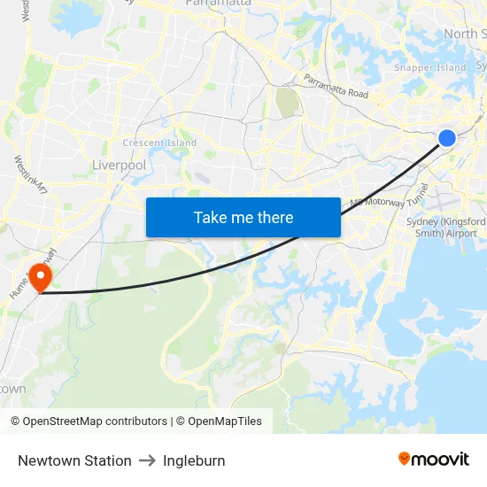 Newtown Station to Ingleburn map