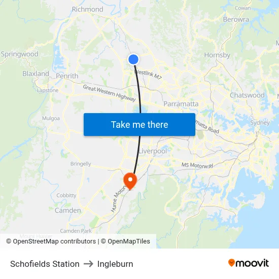 Schofields Station to Ingleburn map