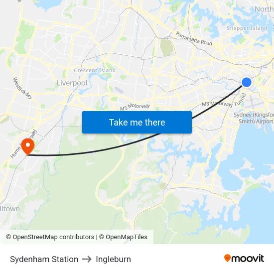Sydenham Station to Ingleburn map