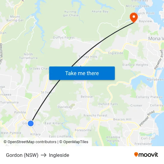 Gordon (NSW) to Ingleside map