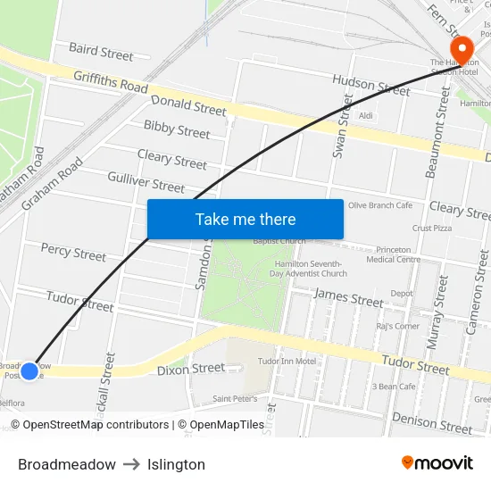 Broadmeadow to Islington map