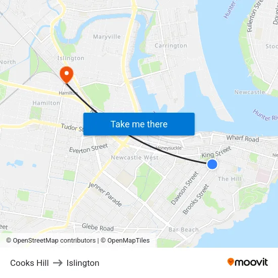 Cooks Hill to Islington map