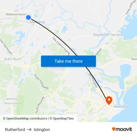 Rutherford to Islington map