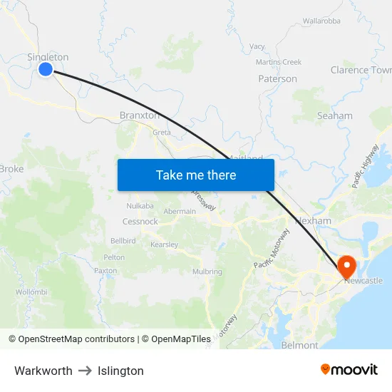 Warkworth to Islington map