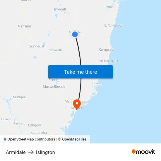Armidale to Islington map