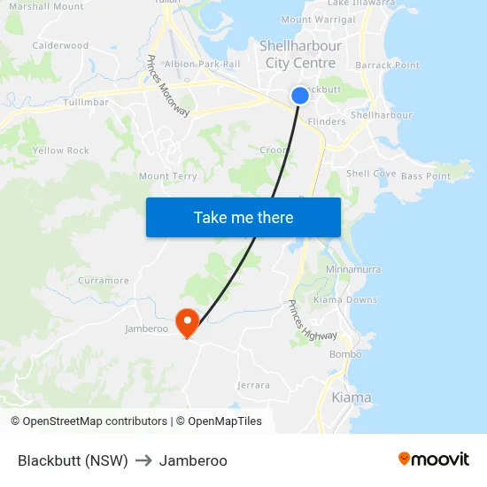 Blackbutt (NSW) to Jamberoo map