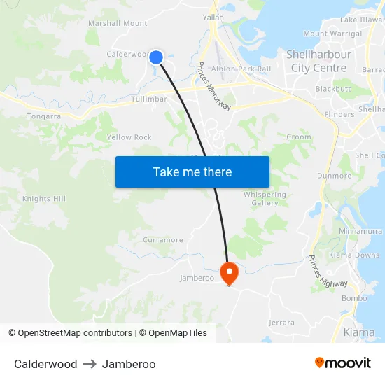 Calderwood to Jamberoo map