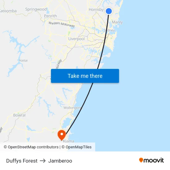 Duffys Forest to Jamberoo map