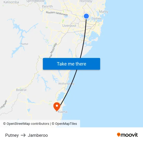 Putney to Jamberoo map